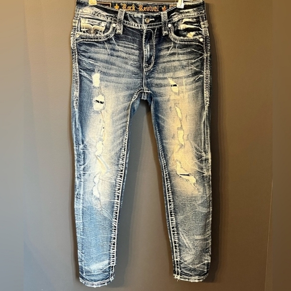 🤘NeW🎸 ROCK PEACOAT FACTORY DESTRUCTED EMBROIDERED SKINNY STRETCH JEANS 28 - Picture 10 of 15